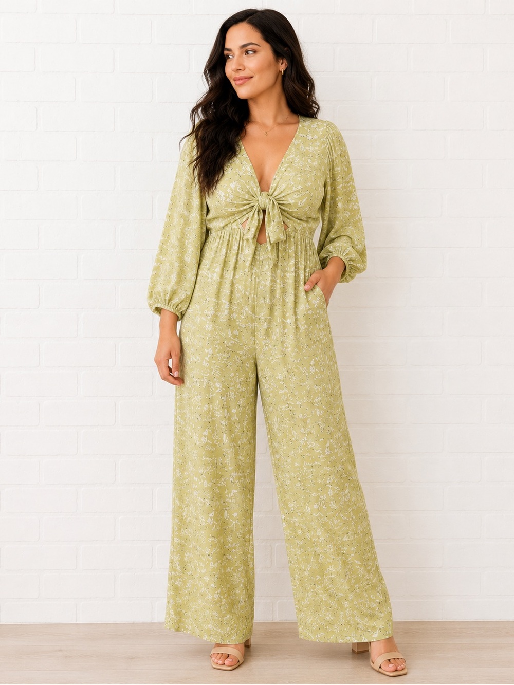 Tie-Front Wide-Leg Jumpsuit in Sage Floral